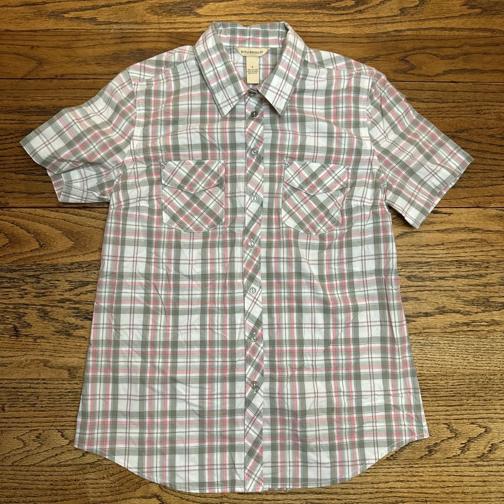 Bit & Bridle Women's Small‎ Button Up Shirt Short Sleeve Green Pink White Plaid